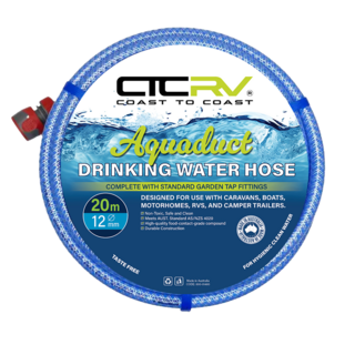 COAST RV Aquaduct 20m Blue Food Grade Drinking Water Hose with Fittings - 12mm