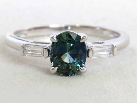 Platinum 1.41ct Teal Sapphire & 0.16ct Diamond Ring