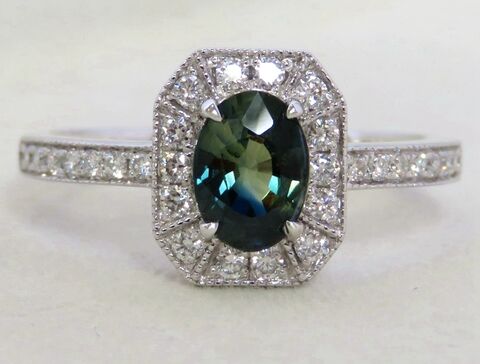 1ct Teal Sapphire & 0.35ct Diamond Engagement Ring in Platinum