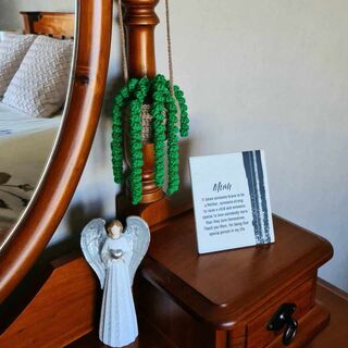 Crocheted Hanging Curly House Plant -  Green with Brown Pot