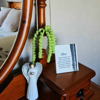 Crocheted Hanging Curly House Plant -  Bright Green with Taupe Pot