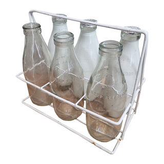 Milk / Cream Bottles Glass Holder 6 Pack w/ Bottles (H: 24cm x L: 28cm  x W: 18cm)