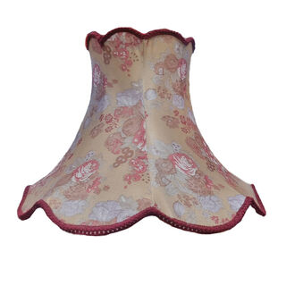 Standing Lamp Shade #5 - Bell w/ Scallop Edges Shape Peach w/ Red Trim & Flowers (H: 41cm x Top: 27cm x Bottom: 57cm)