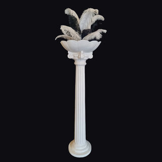 White Planter Column With Black & White Feather Arrangement