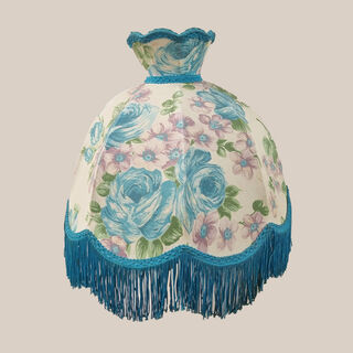 Hanging Lamp Shade #1 - Bell Shaped w/ Scalloped Edges Cream w/ Blue Flowers & Trim