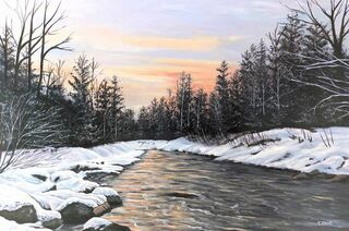 Landscape painting titled SNOWY PINES