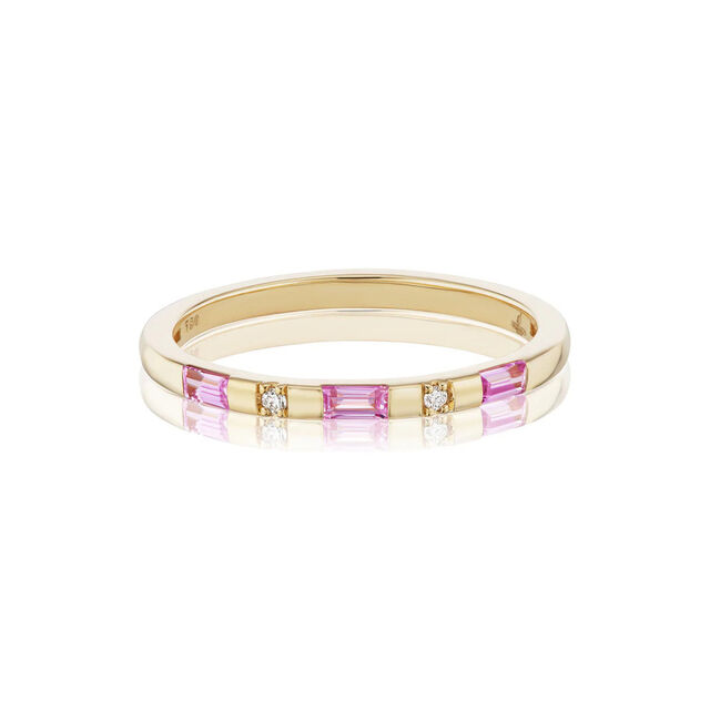 SINGLE ROW TAROT BAGUETTE 18 - carat gold, pink sapphire and diamond ring
