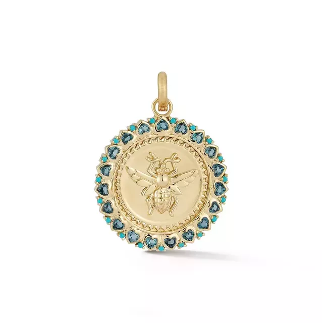 MATILDA 14-carat gold, London blue topaz and turquoise bee medallion charm