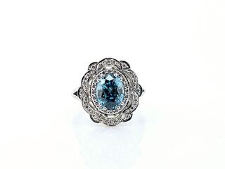 Blue Zircon and Diamond Ring