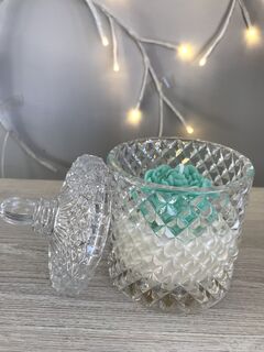 Repurposed Diamond Cut Glass Peony Rose Candle