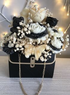 Black Handbag with Black & White Flowers