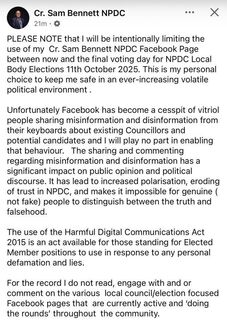 Sam Bennett is limiting his time on his NPDC Facebook Page before the election. He is concerned about misinformation and disinformation and needs to keep himself safe.