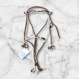 Brown and White rope bridle